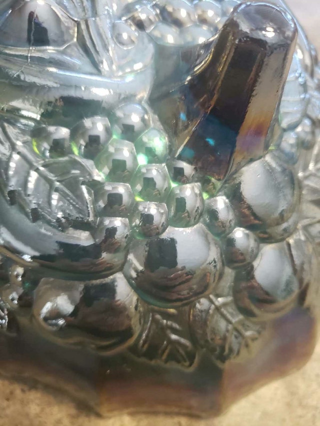 Antique Blue Carnival Glass Bowl - Iridescent Grape & Cable - photo 4