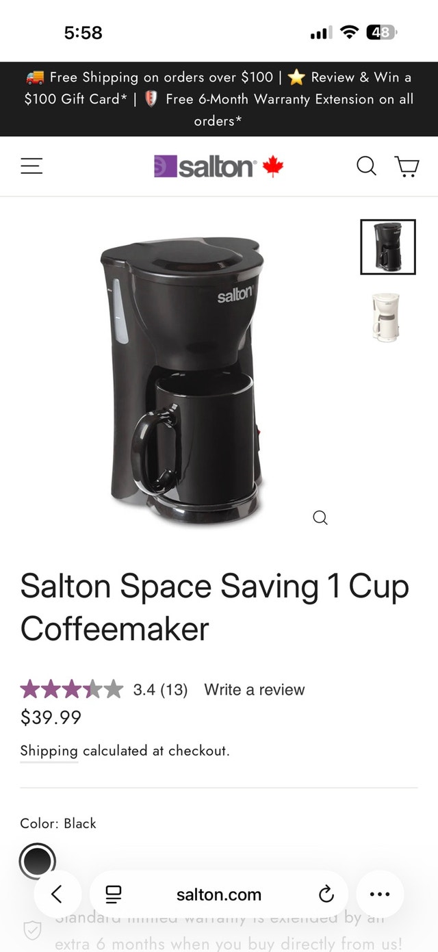 Salton 1 Cup Coffeemaker