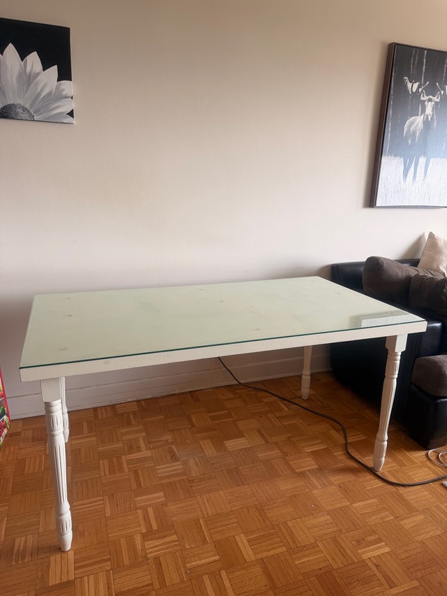 White Glass Top Dining Table with Wooden Base