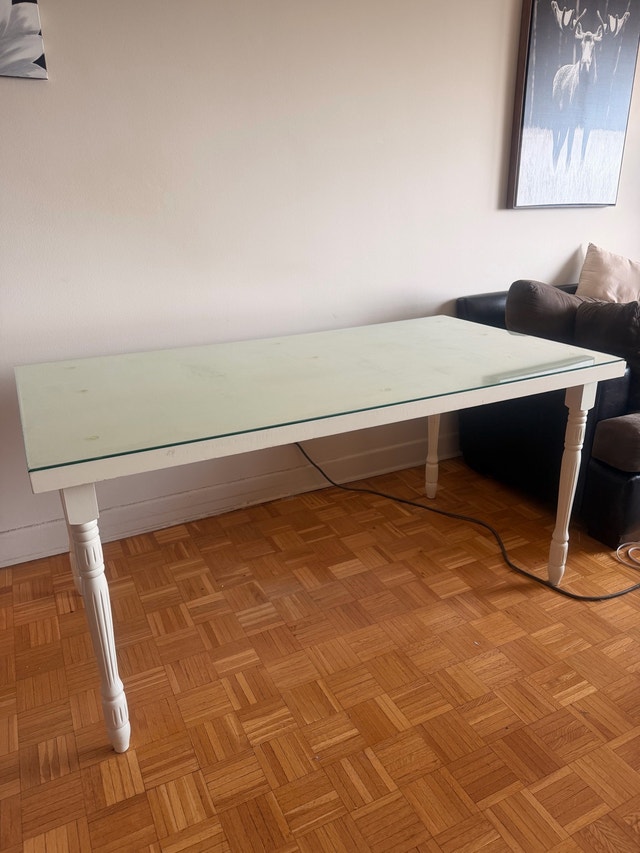 White Glass Top Dining Table with Wooden Base - photo 2