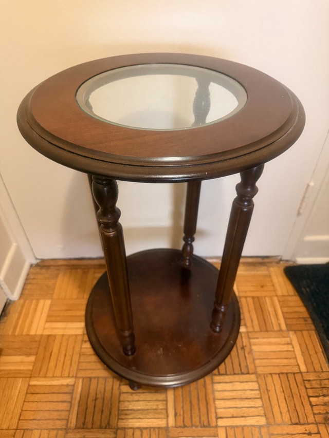 Round Wood Side Table with Glass Inlay