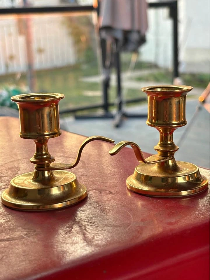 Vintage Solid Brass Chamberstick Candle Holders with Handles (Pa