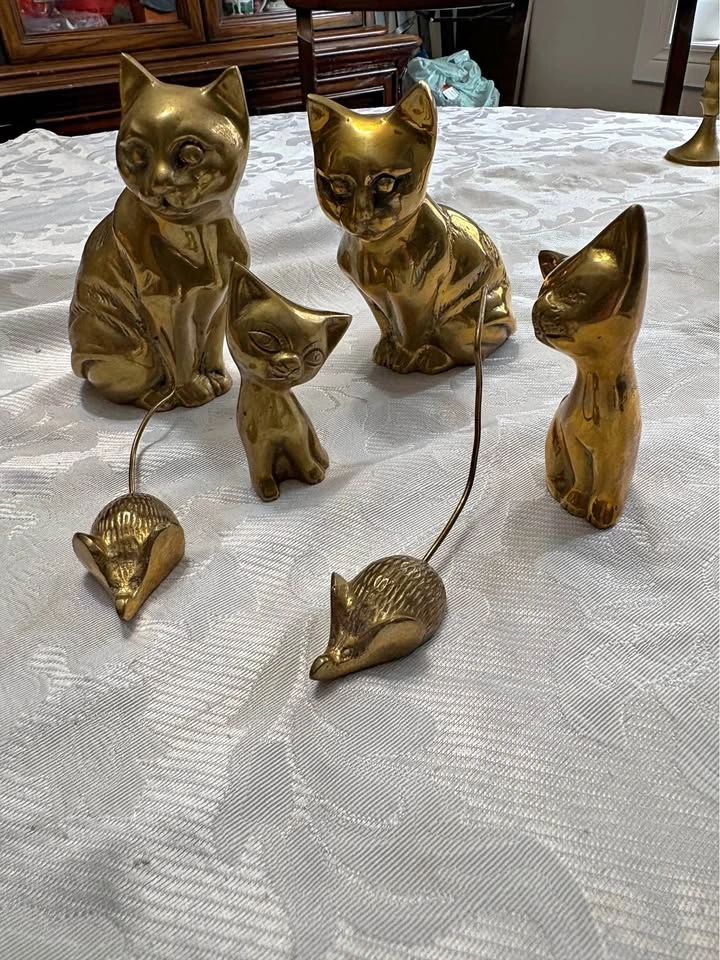 Vintage Solid Brass Cat & Mouse Figurine Set (6 Pieces)