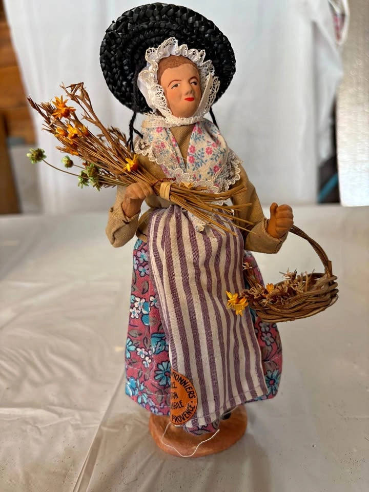 Vintage French Santon de Provence Clay Figure Woman Flower Gathe