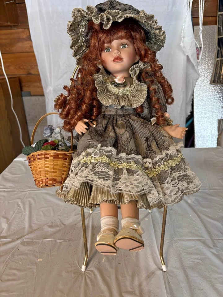 Vintage Seated Porcelain Doll Auburn Curls Gown Basket & Chair