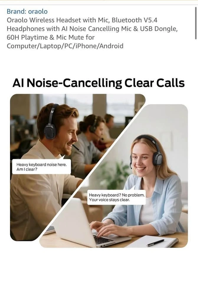 Oraolo Wireless Headset with AI Noise Cancelling Mic - photo 2