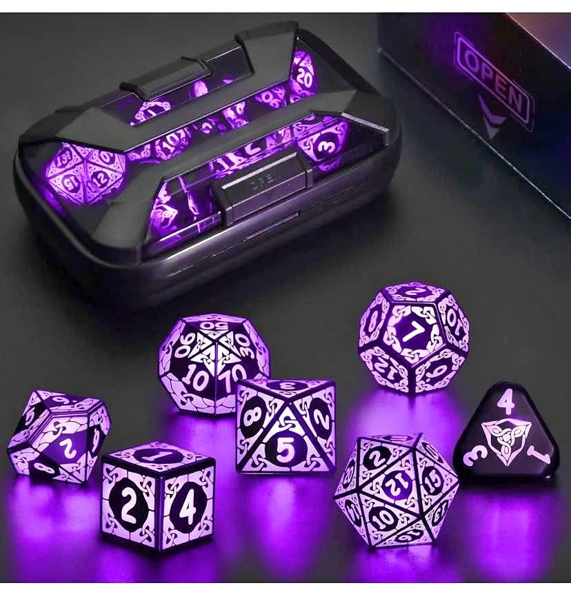 Purple Glowing DND Dice Set with Charging Case