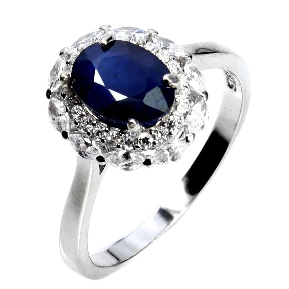 Blue Sapphire Ring 14K White Plated Gold over 925 Sterling Silve
