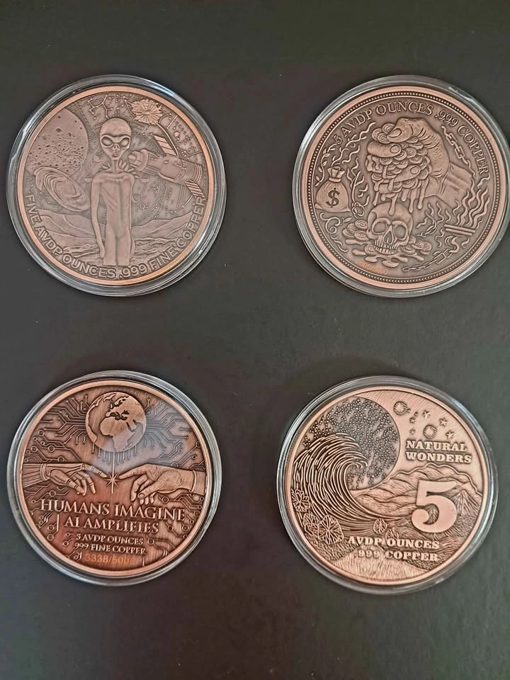 Set of 4 x 5oz Collectible 999 Fine Copper Alien, Greed, AI & Yo - photo 2