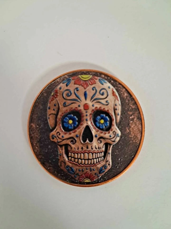 1oz Mexican Sugar Skull Colorized High Relief Copper Art