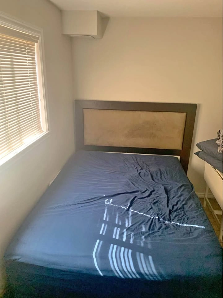Queen size Bed Frame + Mattress – Dark Wood Frame, Tan Upholster