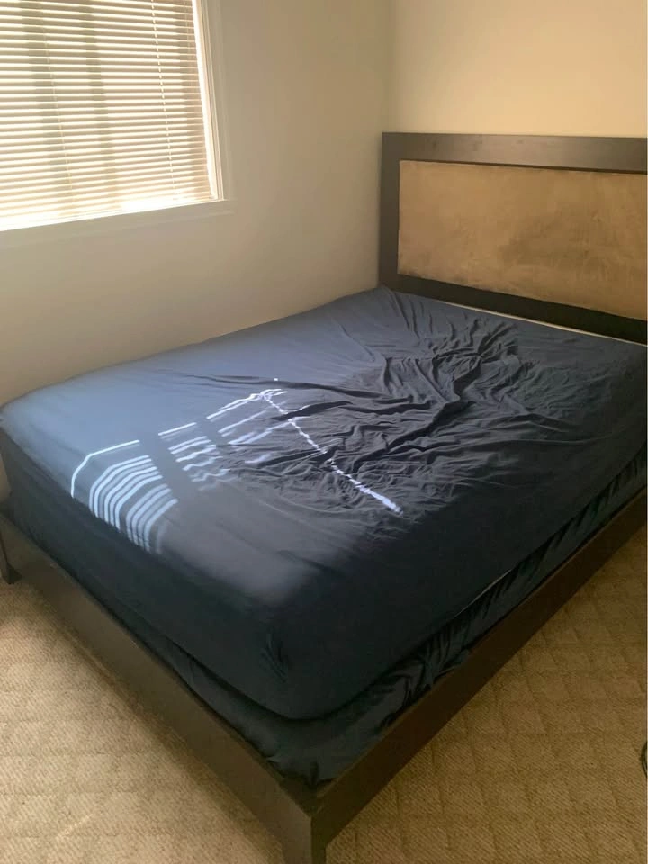 Queen size Bed Frame + Mattress – Dark Wood Frame, Tan Upholster - photo 2