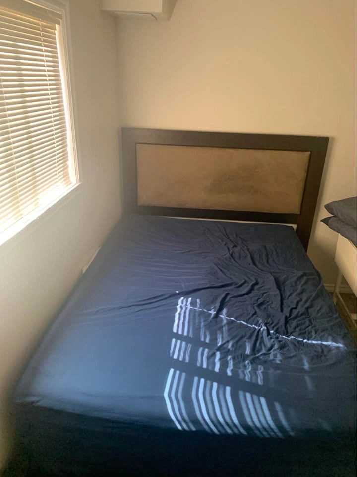 Queen size Bed Frame + Mattress – Dark Wood Frame, Tan Upholster - photo 3