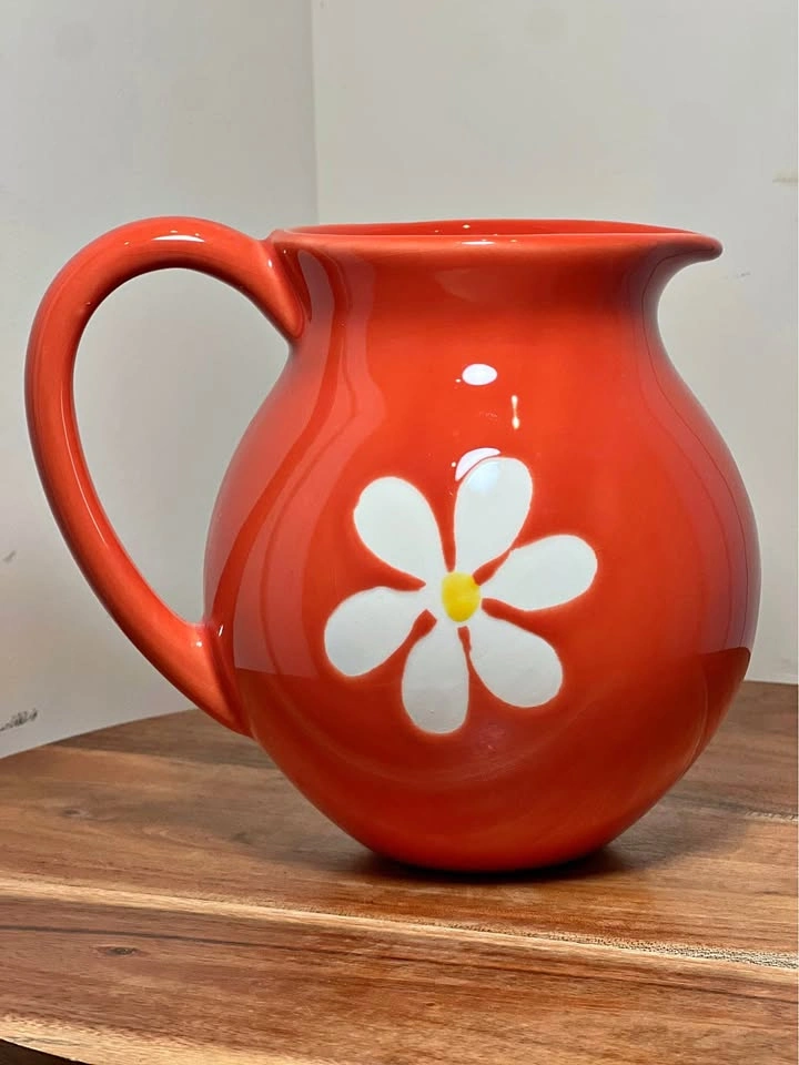 Vintage Louçarte Portugal Orange Ceramic Daisy Pitcher / Vase