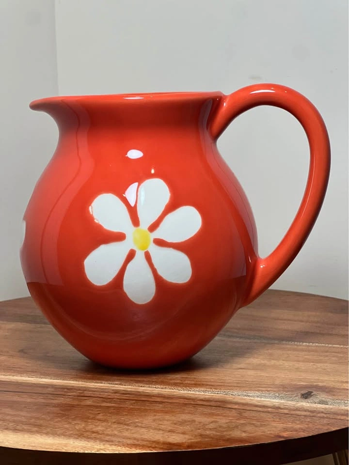 Vintage Louçarte Portugal Orange Ceramic Daisy Pitcher / Vase - photo 3