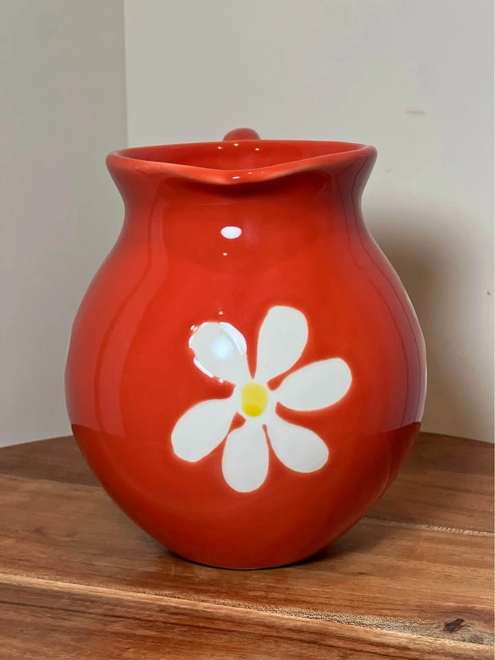 Vintage Louçarte Portugal Orange Ceramic Daisy Pitcher / Vase - photo 4