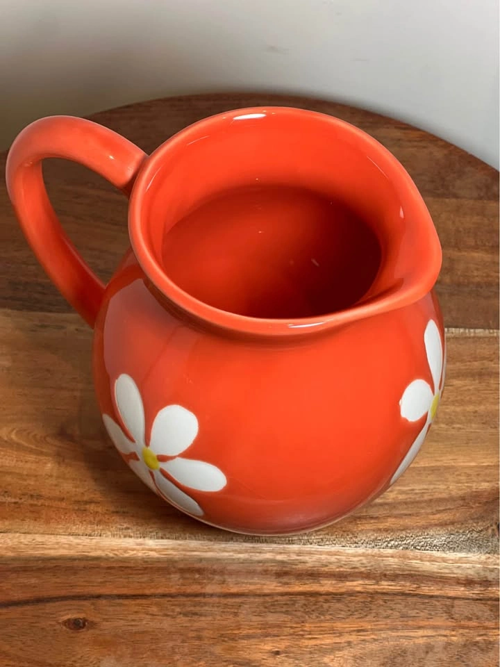 Vintage Louçarte Portugal Orange Ceramic Daisy Pitcher / Vase - photo 5