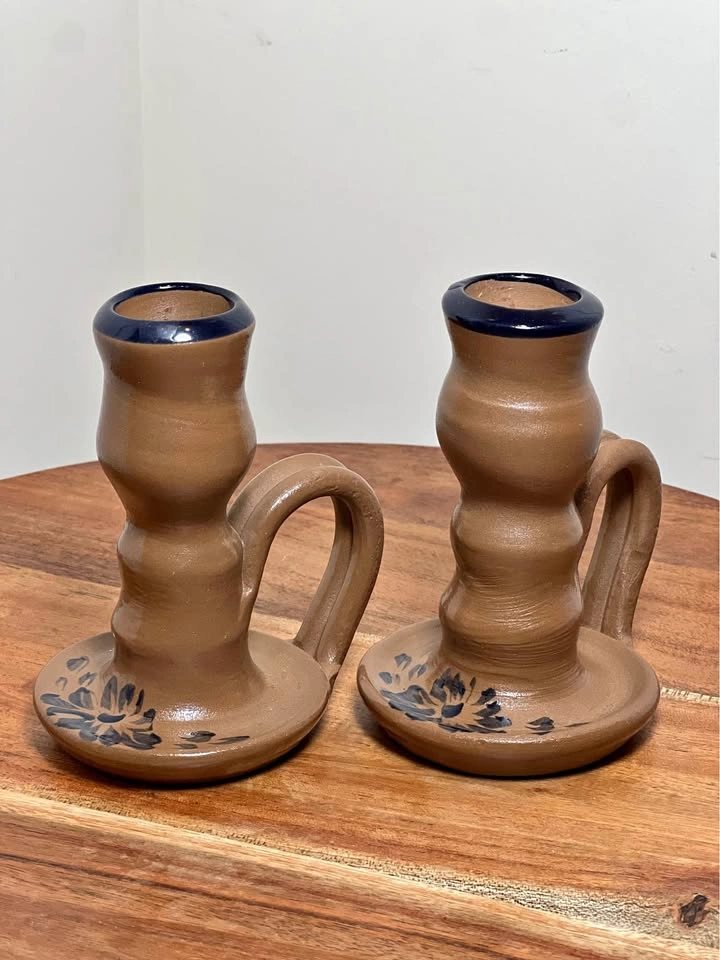 Vintage 2002 Williamsburg Pottery WPF Salt Glazed Candle Holders