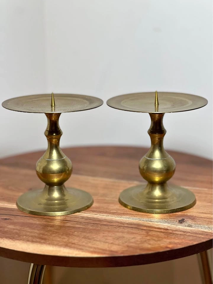 Vintage Solid Brass Spike Pillar Candle Holders - Set of 2
