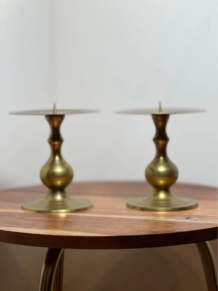 Vintage Solid Brass Spike Pillar Candle Holders - Set of 2 - photo 2