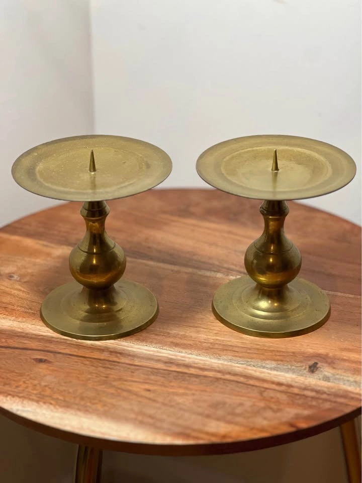 Vintage Solid Brass Spike Pillar Candle Holders - Set of 2 - photo 3