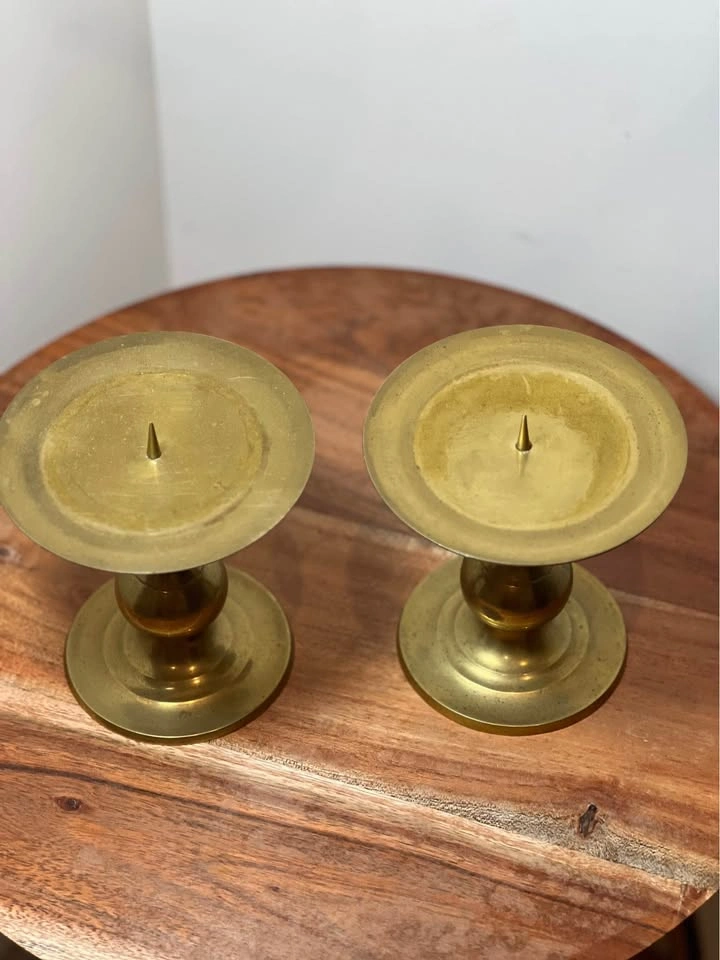 Vintage Solid Brass Spike Pillar Candle Holders - Set of 2 - photo 4