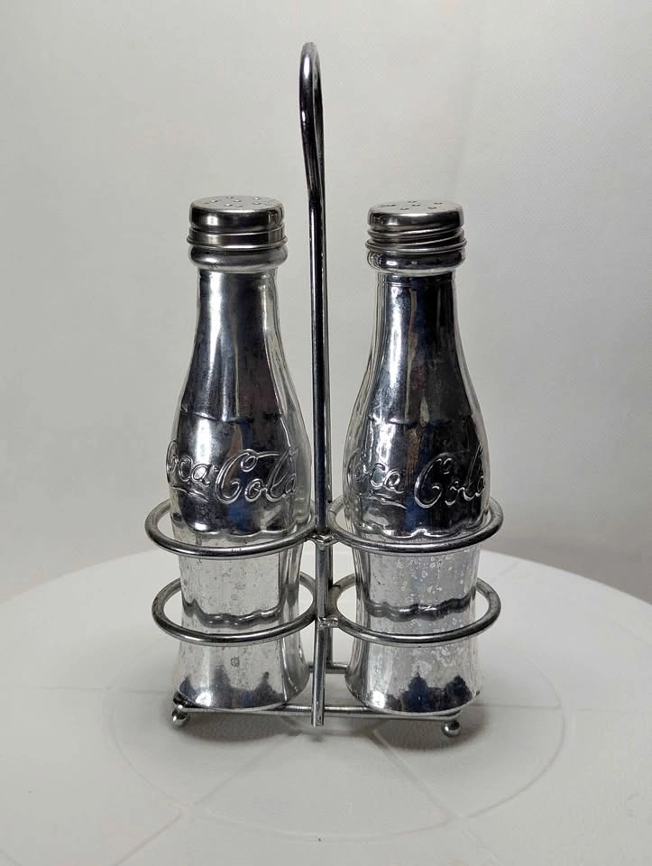 Coca-Cola Chrome Salt and Pepper Shaker Set with Caddy