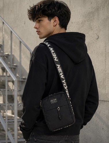 Black New York Crossbody Bag, Adjustable Strap, Zip Closure