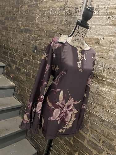 Diane Gilman Gray & Mauve Lily Print Silky Shirt Size XL (NWT) - photo 2