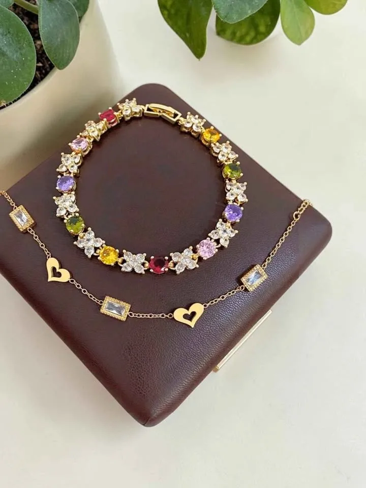 2pcs Gold-Plated Multicolor Gemstone & Heart Charm Bracelet Set - photo 2