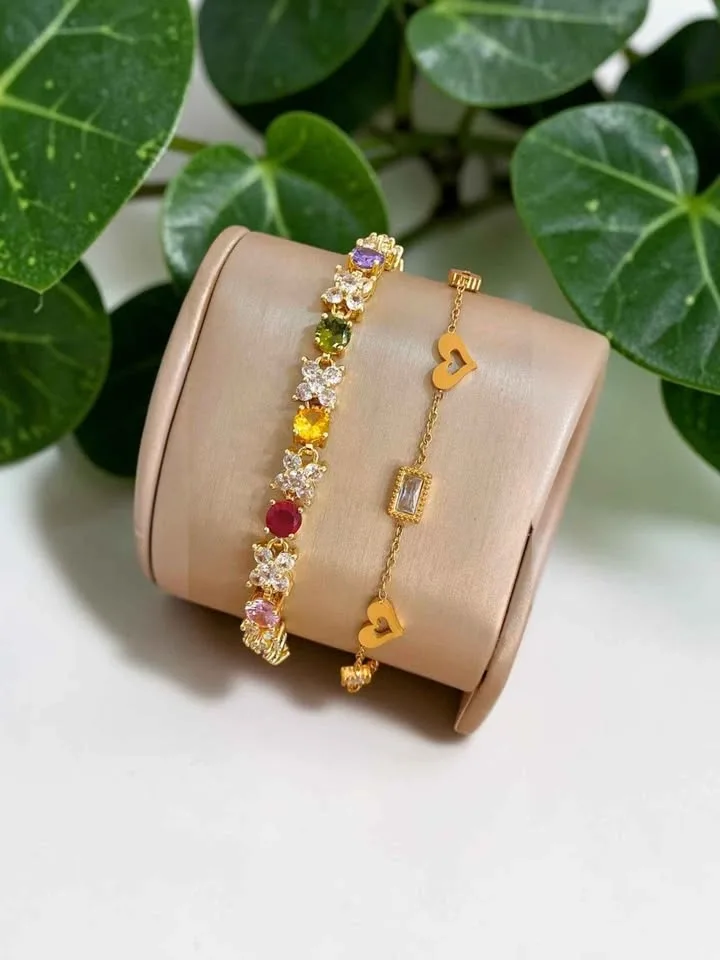 2pcs Gold-Plated Multicolor Gemstone & Heart Charm Bracelet Set