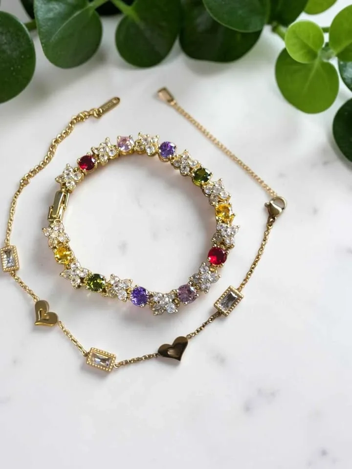2pcs Gold-Plated Multicolor Gemstone & Heart Charm Bracelet Set - photo 4