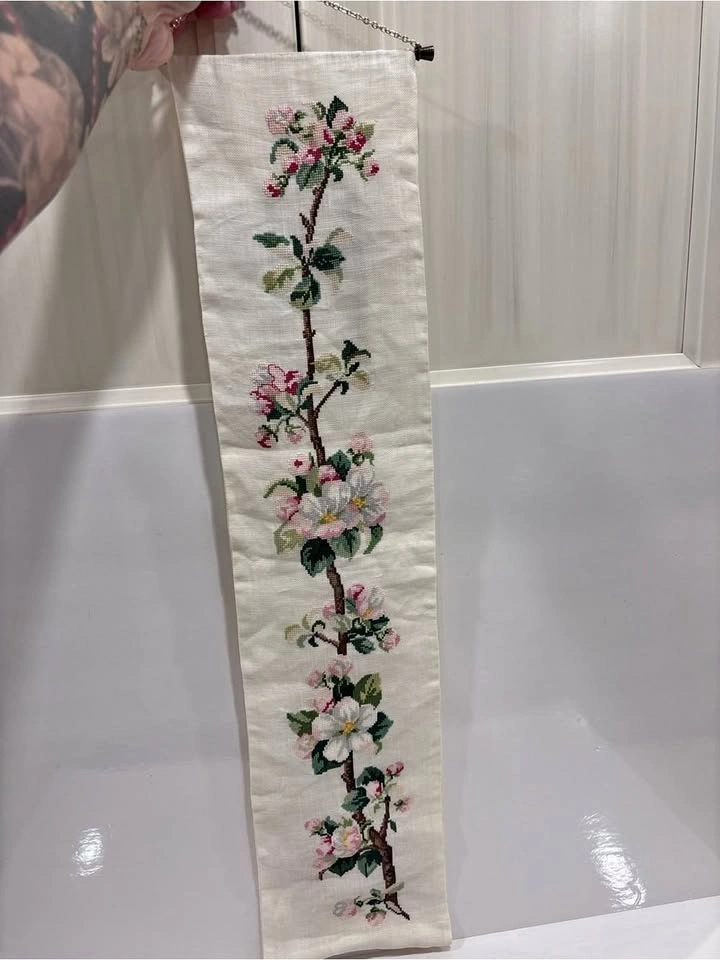 Vintage handmade counter cross stitch apple blossom bellpull