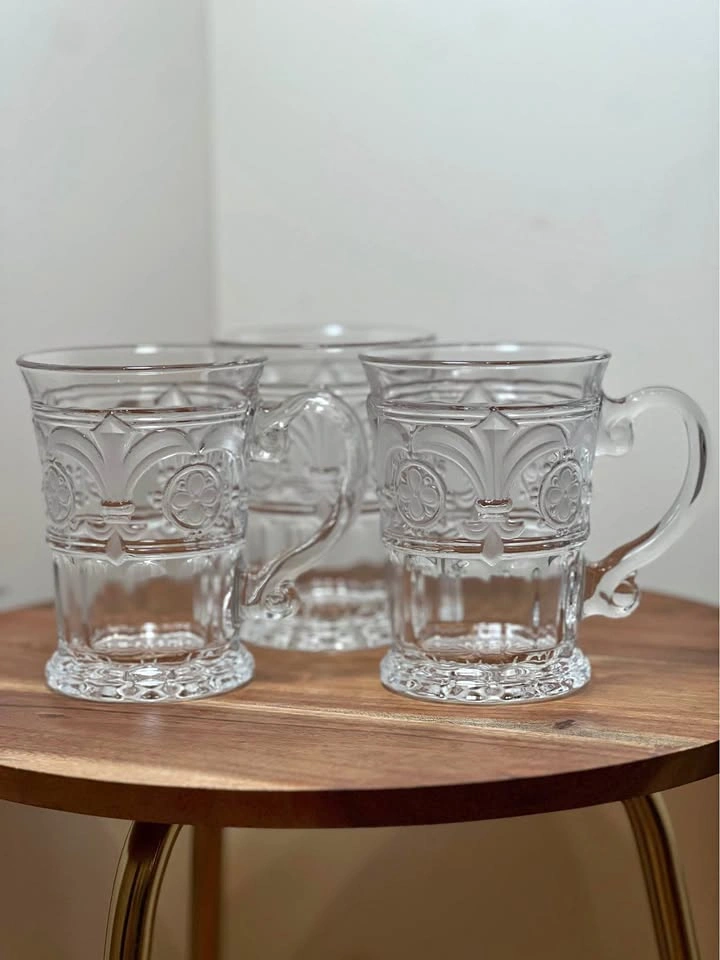 Vintage Crystal Clear Industries Fleur De Lis Glass Mugs 3 pc