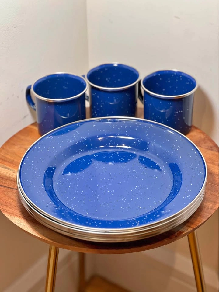 7-Piece Cobalt Blue Speckled Enamelware Camping Set