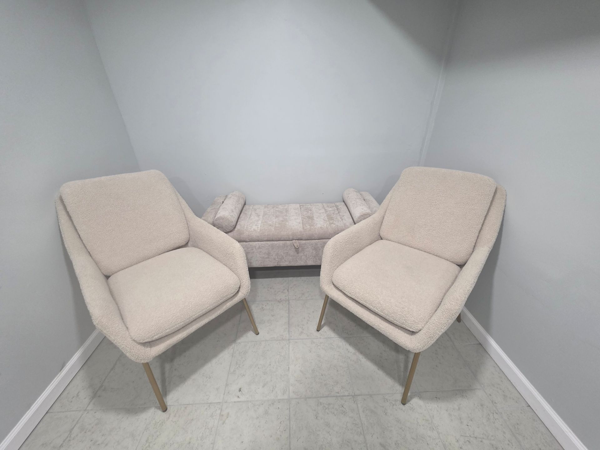 2 living chairs and bench storage