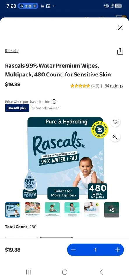 Rascals 99% Water Premium Wipes, Multipack, 480 Count - photo 2
