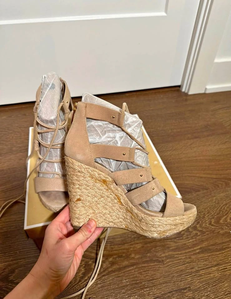 Michael Kors Beige Lace-Up Espadrille Wedge Sandals - Size 5