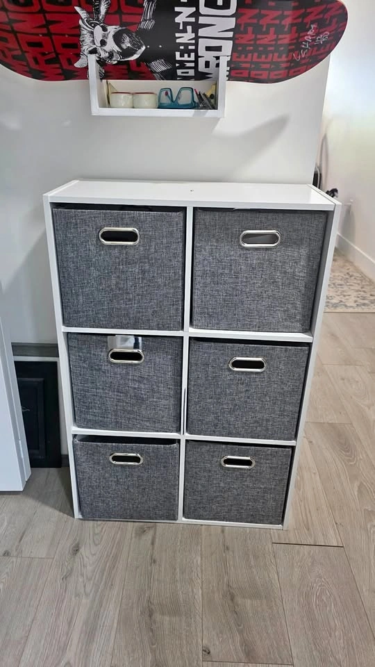 Jessar Wooden Storage Unit with Six Grey Fabric Drawers