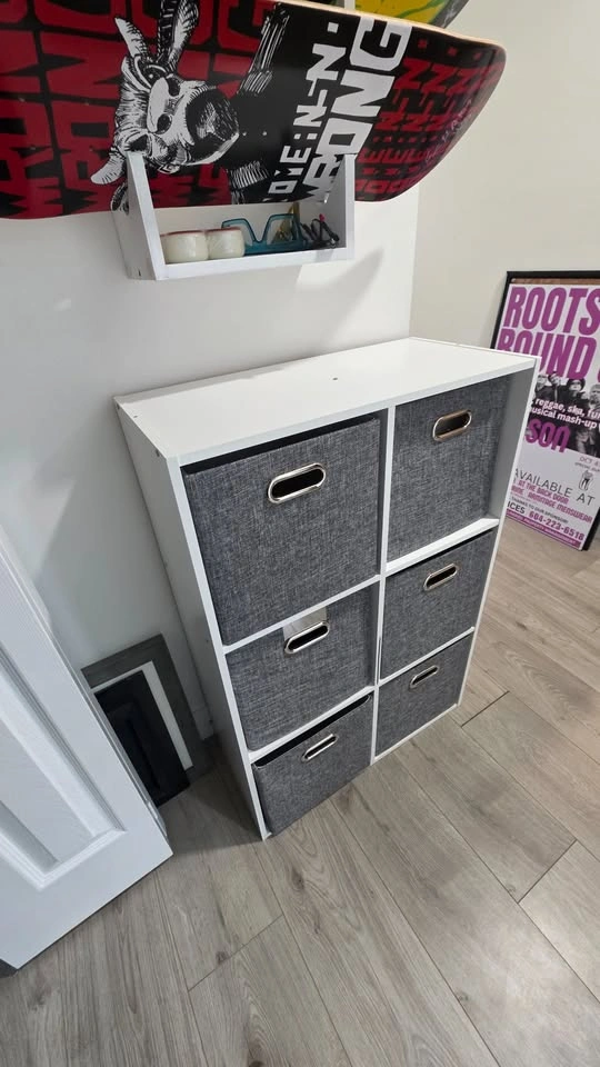 Jessar Wooden Storage Unit with Six Grey Fabric Drawers - photo 2