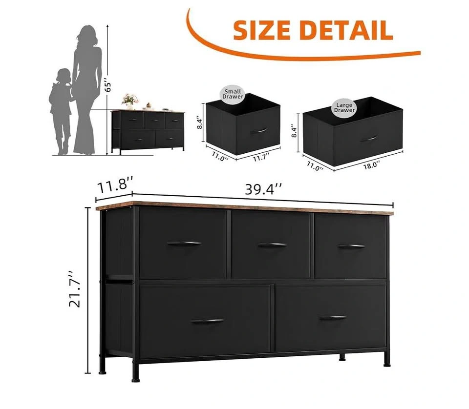 Low 5-Drawer Storage Chest & Organizer (Black/Rustic Brown Top)