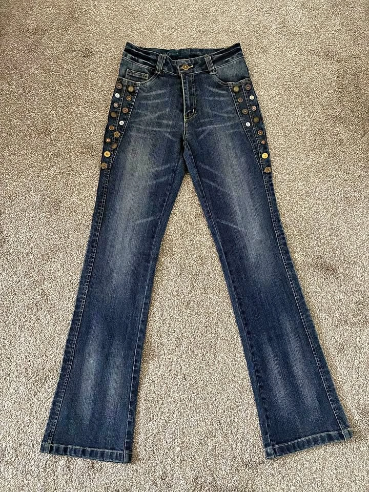 Embellished Button Flare Denim Jeans with Crown Embroidery