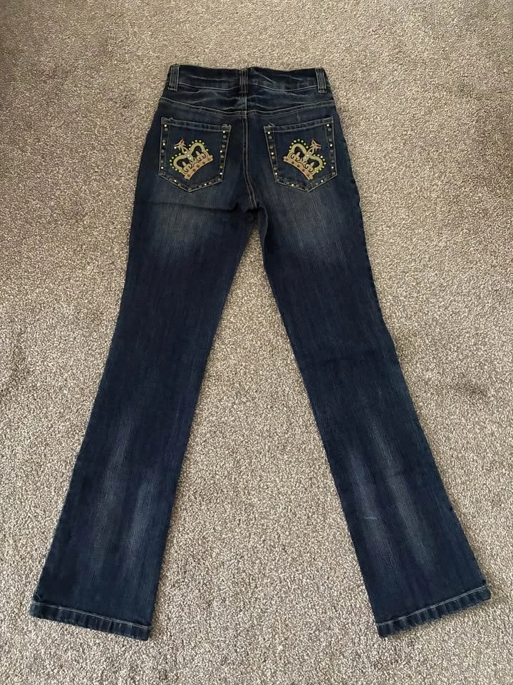 Embellished Button Flare Denim Jeans with Crown Embroidery - photo 3