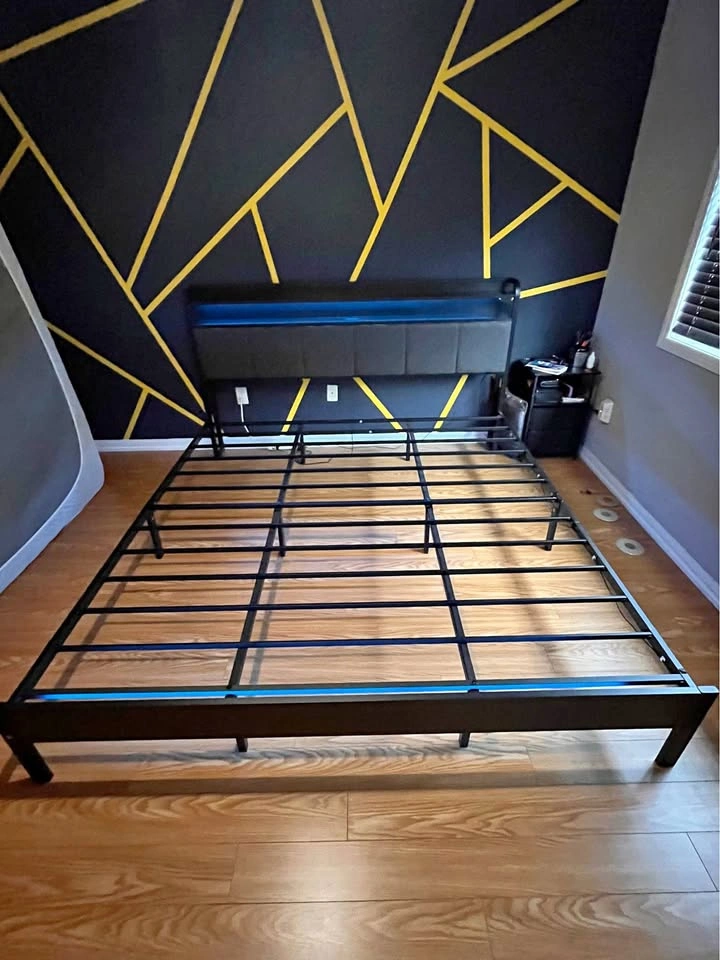 Modern King Size Bed Frame with LED Light & Storage Headboard
