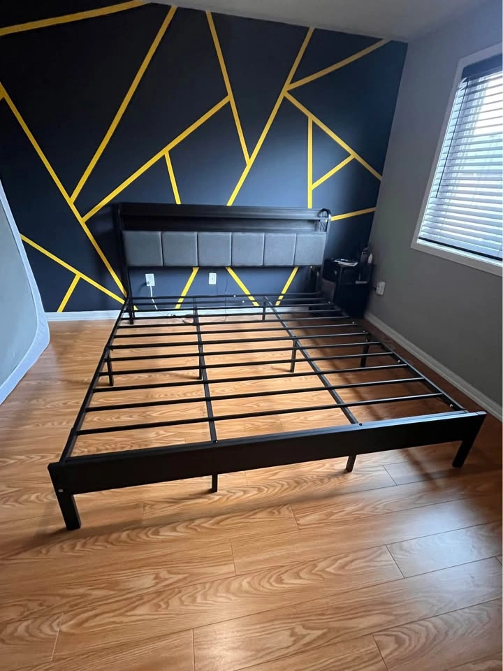 Modern King Size Bed Frame with LED Light & Storage Headboard - photo 2