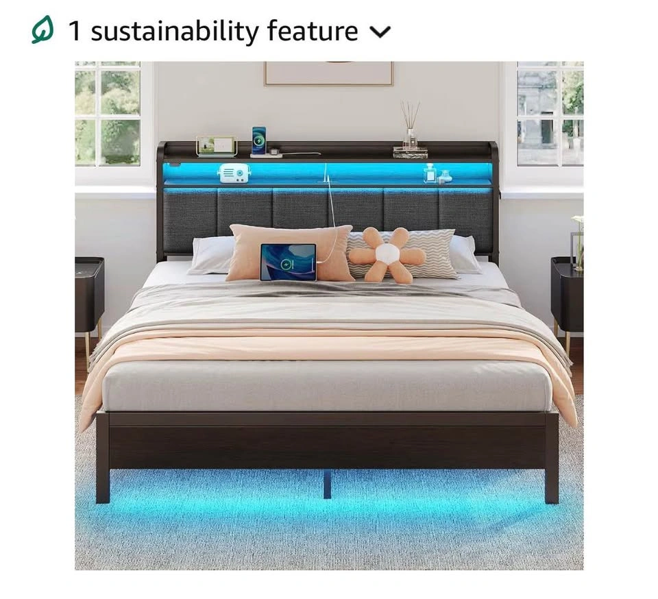 Modern King Size Bed Frame with LED Light & Storage Headboard - photo 3