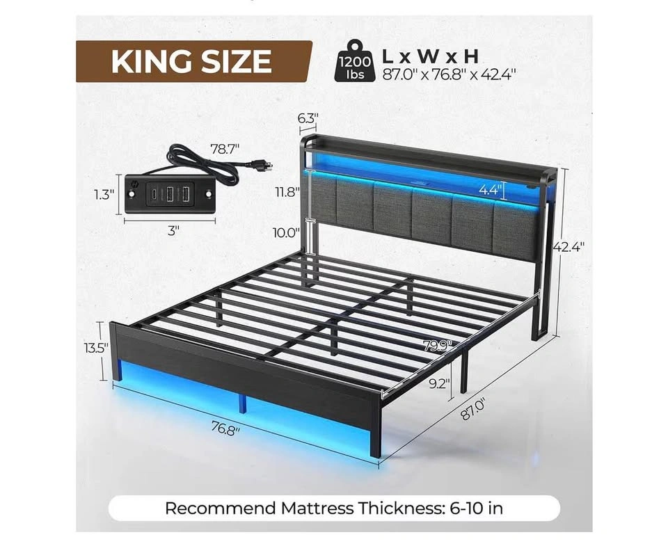 Modern King Size Bed Frame with LED Light & Storage Headboard - photo 4