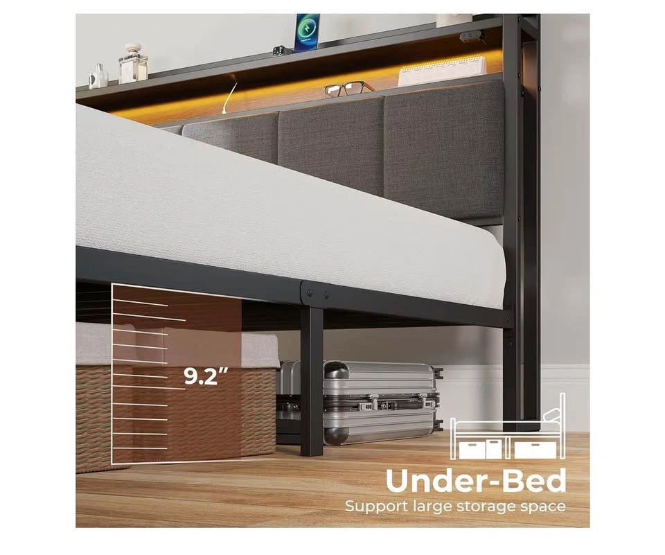 Modern King Size Bed Frame with LED Light & Storage Headboard - photo 5