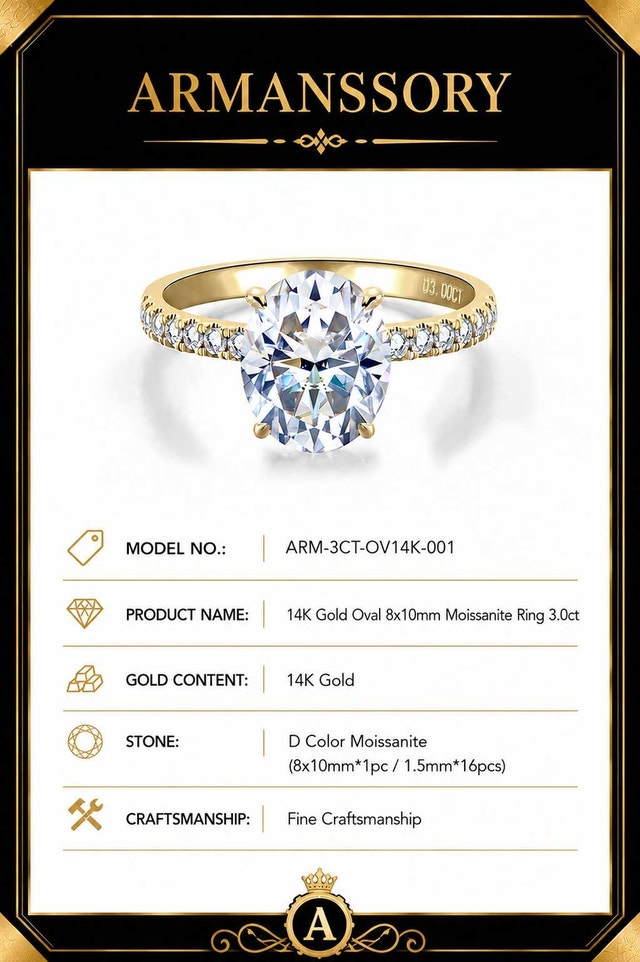 3CT Oval Moissanite Ring - 14K Solid Gold - D Color VVS1 size 8