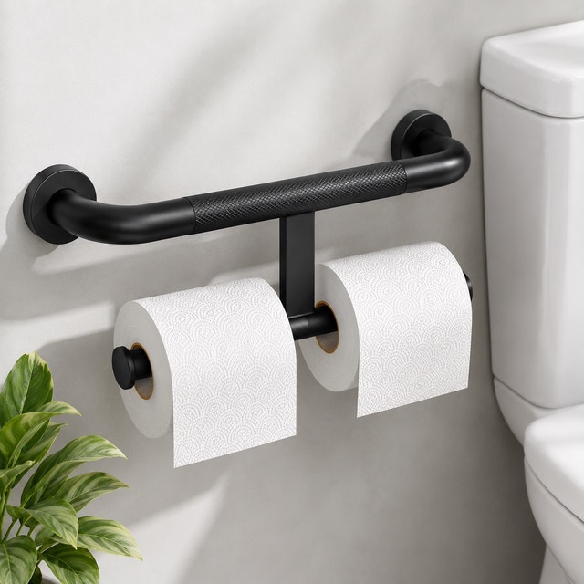 2-in-1 Matte Black Grab Bar & Dual Toilet Paper Holder